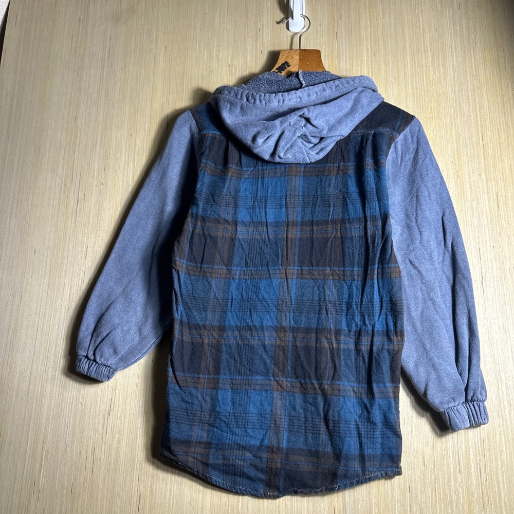 Vintage Maui and Sons Hooded Flannel Shirt Kids Small Blue 90s Plaid Mixed Media - Picture 10 of 12